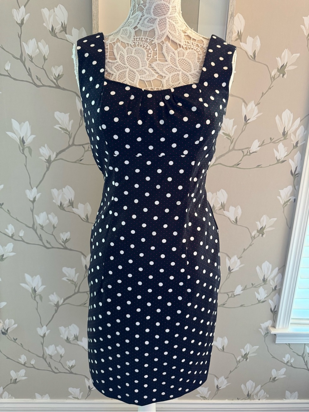 White House Black Market Navy and White Polka Dot Midi Dress